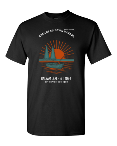Dawn Patrol Fishing on a black adult tee