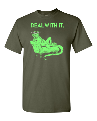 Deal With It Lizard on a military green adult tee