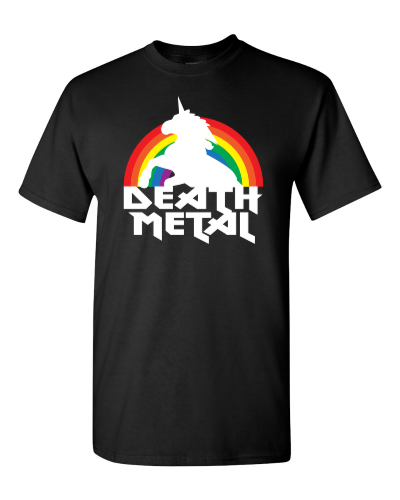 Death Metal Unicorn on a black adult tee