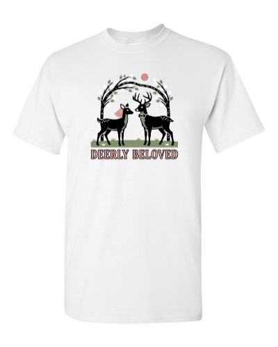 Deerly Beloved Arch on a white adult tee