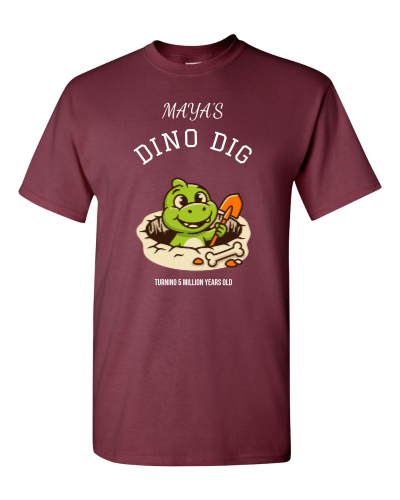 Dino Dig Crew on a maroon adult tee