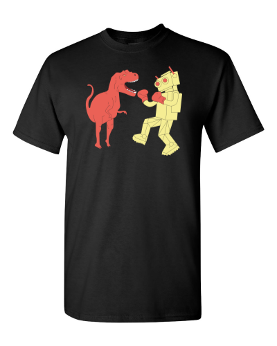 Dino vs. Robot on a black adult tee