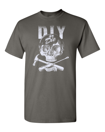 DIY or Die Trying on a charcoal adult tee
