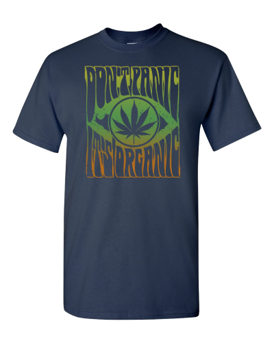 Don't Panic, It's Organic on a navy adult tee