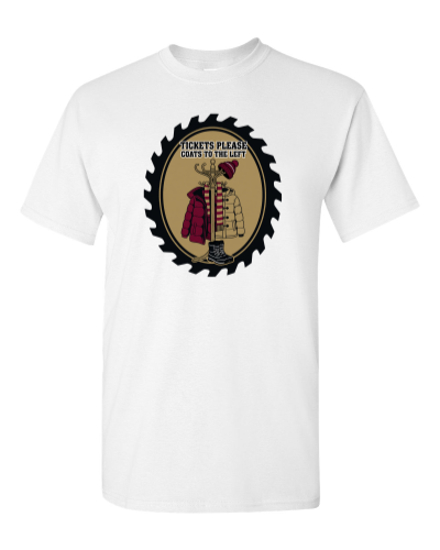 Door Crew Coat Rack on a white adult tee