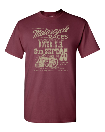 Dover Motorcycle Races on a maroon adult tee