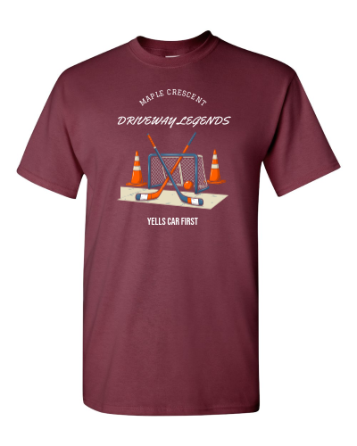 Driveway Legends on a maroon adult tee