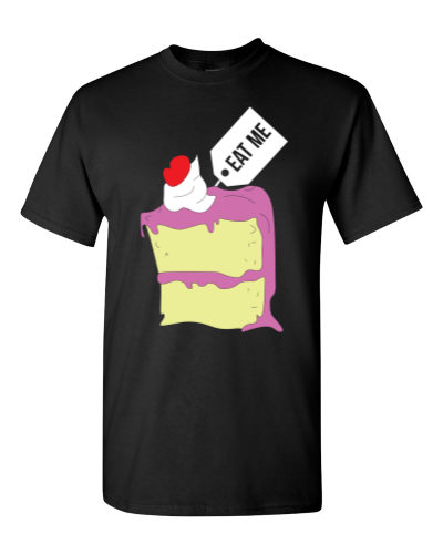 Eat Me Cake on a black adult tee