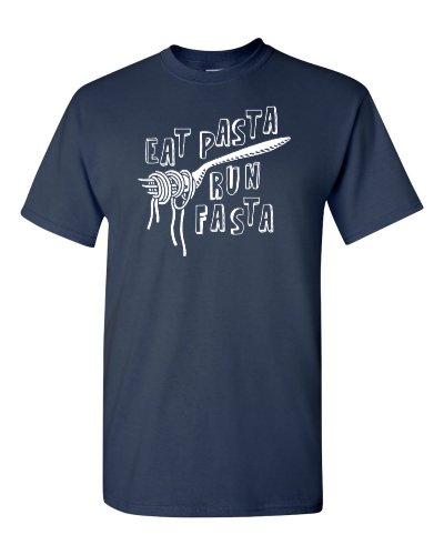 Eat Pasta, Run Fasta on a navy adult tee