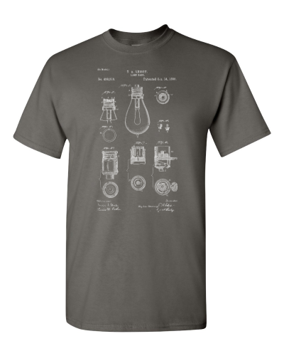 Edison Light Bulb Patent on a charcoal adult tee