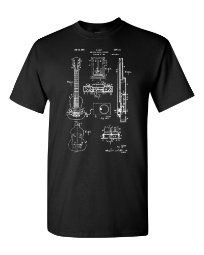 Electric Guitar Patent on a black adult tee
