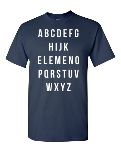 Elemeno Alphabet on a navy adult tee