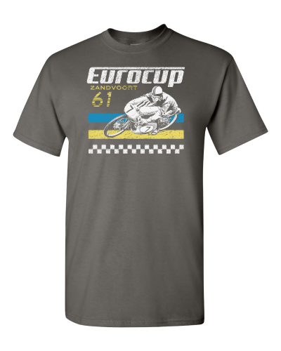 Eurocup 61 on a charcoal adult tee