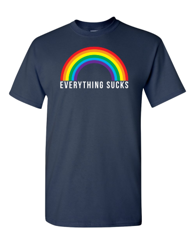 Everything Sucks Rainbow on a navy adult tee
