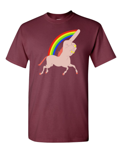 F Unicorn on a maroon adult tee