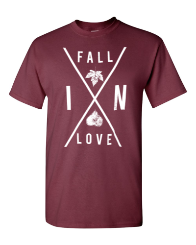 Fall in Love on a maroon adult tee