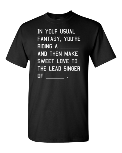 Fantasy Mad Libs on a black adult tee