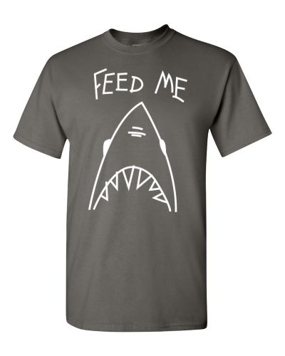 Feed Me Shark on a charcoal adult tee