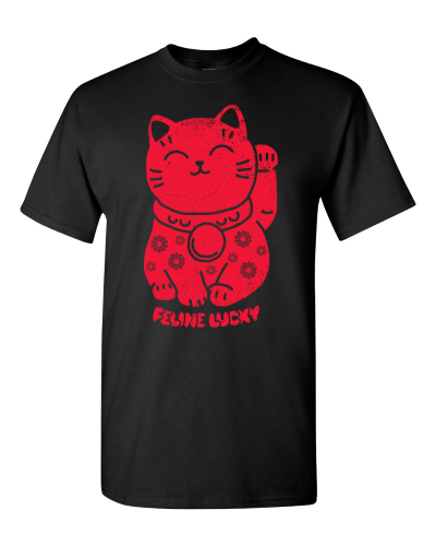 Feline Lucky on a black adult tee
