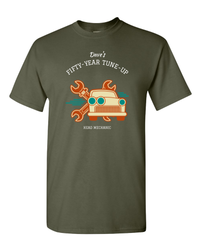 Fifty-Year Tune-Up on a military green adult tee