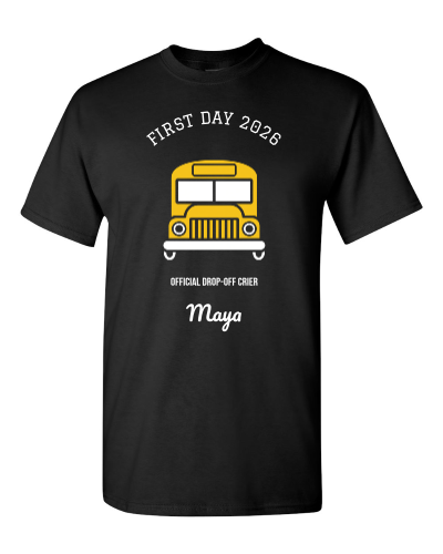 First Day Bus Stop Set on a black adult tee
