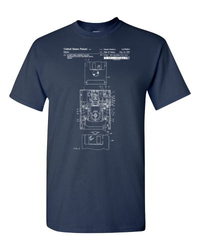 Floppy Disk Patent on a navy adult tee