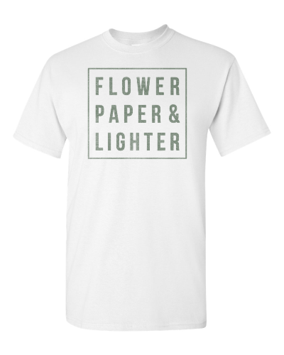 Flower, Paper & Lighter on a white adult tee