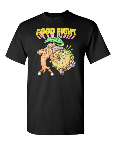Food Fight on a black adult tee