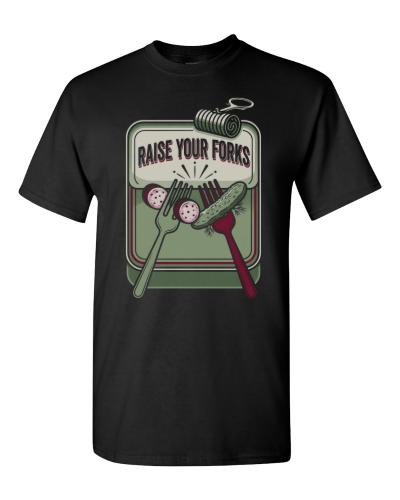 Fork Clink Toast on a black adult tee
