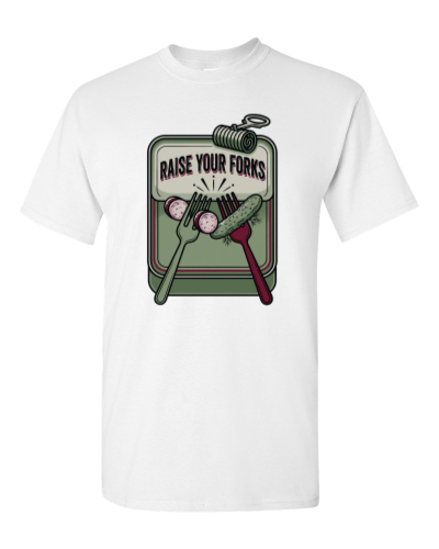 Fork Clink Toast on a white adult tee