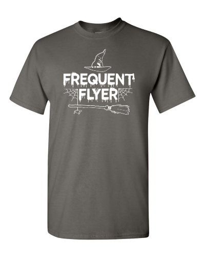 Frequent Flyer Witch on a charcoal adult tee