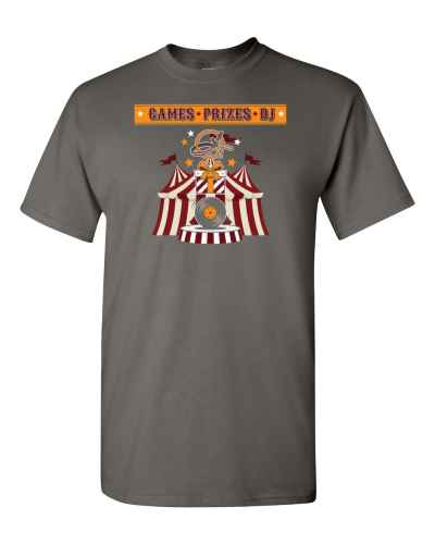 Games Prizes DJ Flyer on a charcoal adult tee