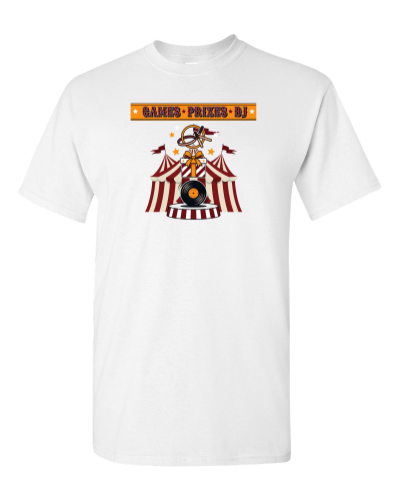 Games Prizes DJ Flyer on a white adult tee