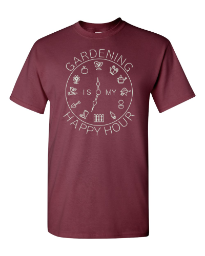 Gardening Is My Happy Hour on a maroon adult tee