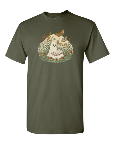 Ghost Reading in the Meadow on a military green adult tee