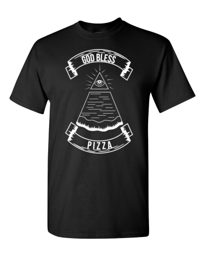 God Bless Pizza on a black adult tee