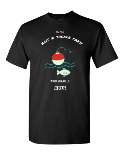 Grandpa's Bait & Tackle Crew on a black adult tee