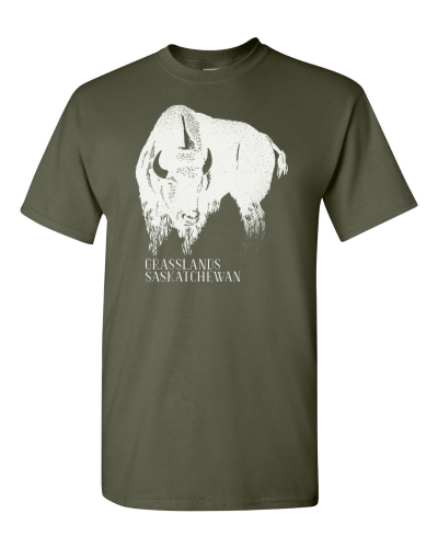 Grasslands on a military green adult tee