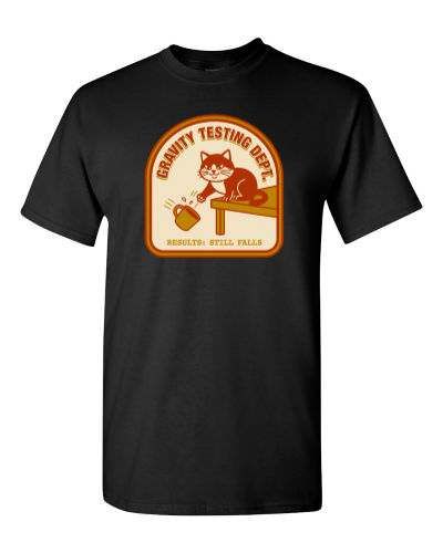 Gravity Testing Dept. on a black adult tee