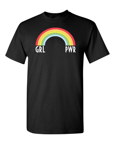 GRL PWR Rainbow on a black adult tee