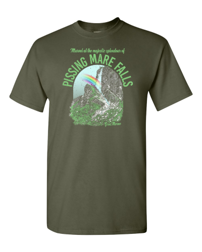 Gros Morne Pissing Mare Falls on a military green adult tee