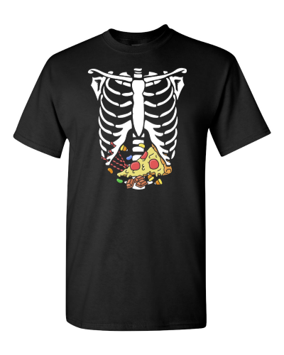 Halloween X-Ray Pizza on a black adult tee
