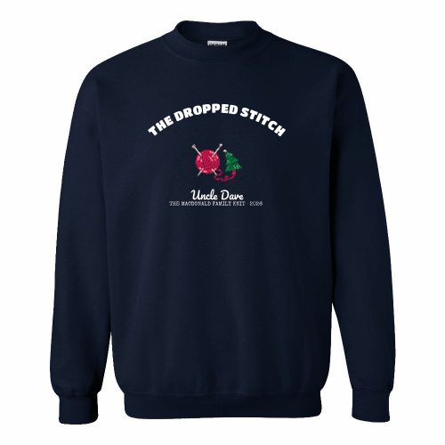 Hand-Knit Household on a navy crewneck sweatshirt