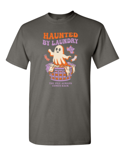 Haunted by Laundry on a charcoal adult tee