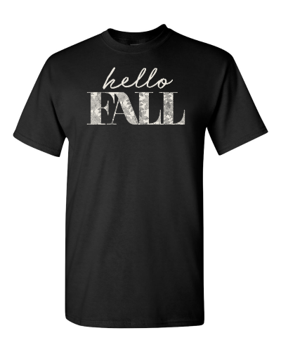 Hello Fall on a black adult tee
