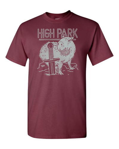 High Park Capybara on a maroon adult tee