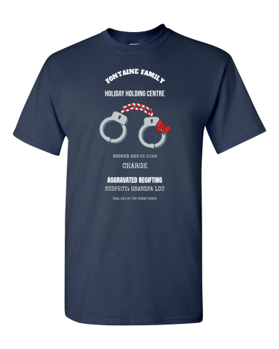 Holiday Holding Centre Charge Sheet on a navy adult tee