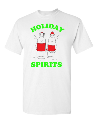 Holiday Spirits on a white adult tee