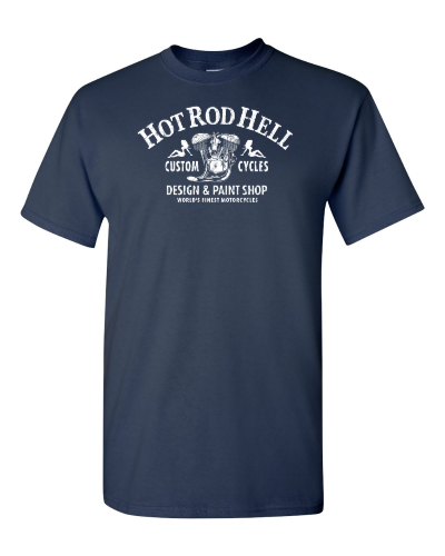 Hot Rod Hell Custom Cycles on a navy adult tee