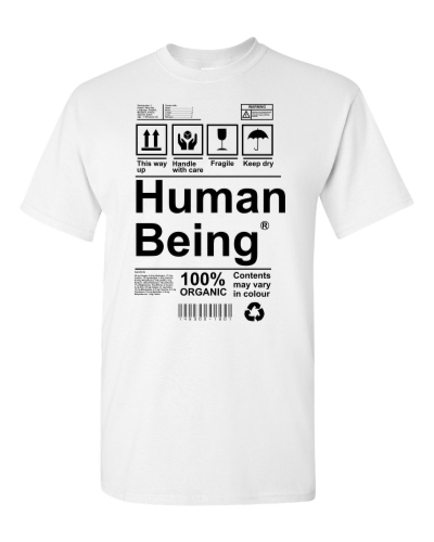 Human Being Contents Label on a white adult tee